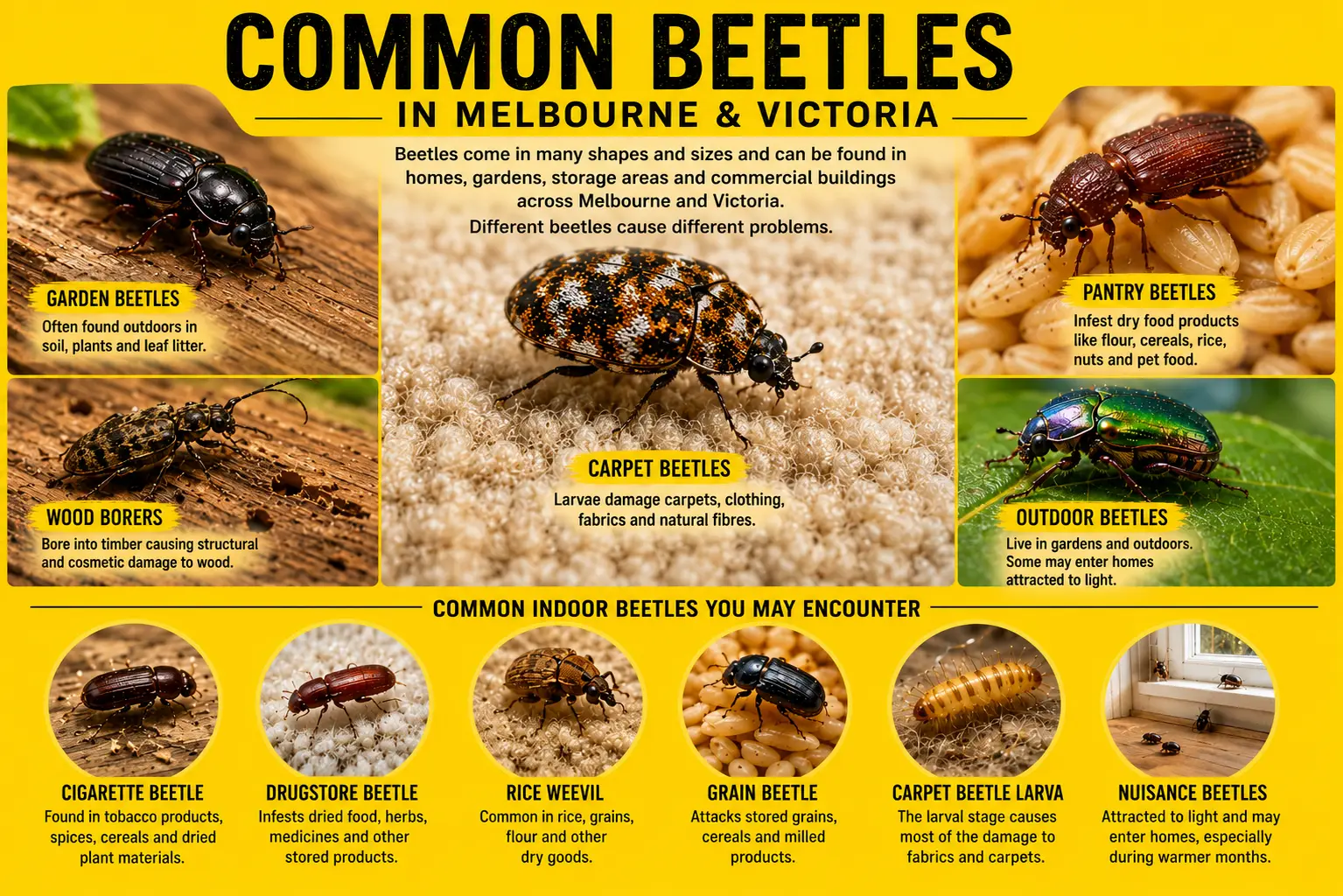 Common beetle species found in Melbourne homes, including carpet beetles and stored-product beetles