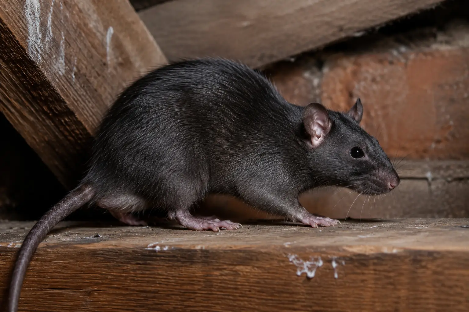 Black rat (Rattus rattus), the roof rat, showing its slender body, pointed snout, large thin ears and long scaly tail